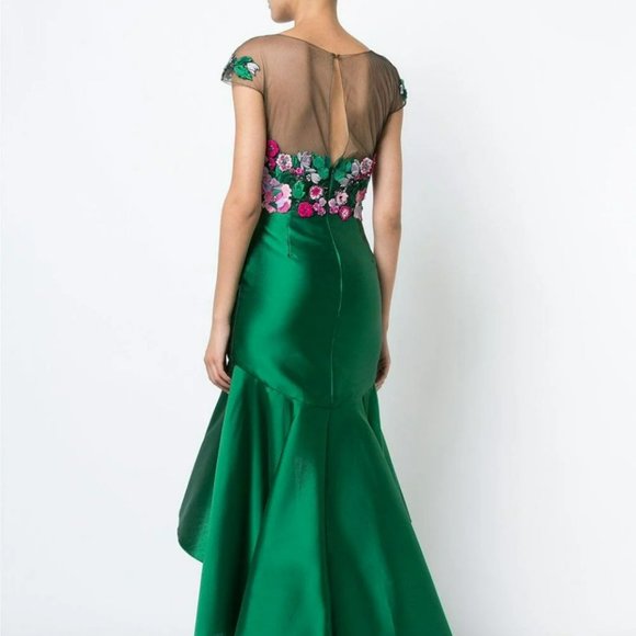 Marchesa notte Silk Embroidered Floral High Low Gown in Green - Picture 4 of 13
